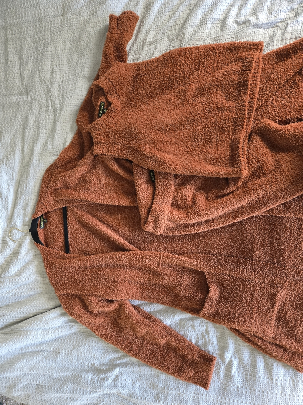 Cozy Rust Teddy Knit Sweater, Cardigan, And Pant Set